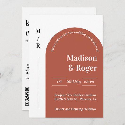 Modernes Retro Arch QR Code UAWG Hochzeit Einladung (Vorne/Hinten)