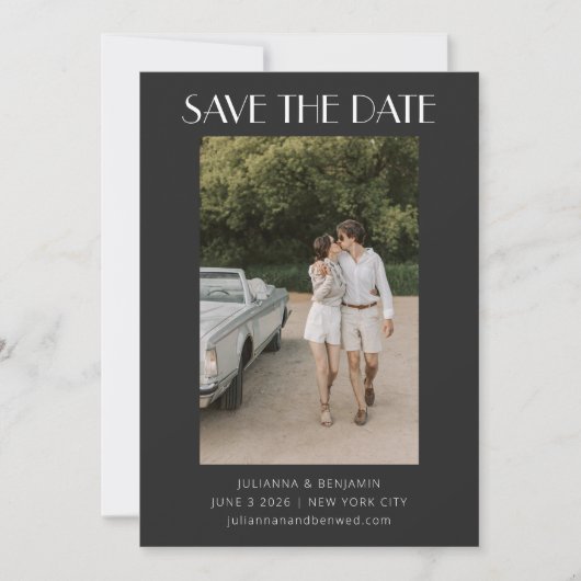 Modernes Retro Art Deco Foto Hochzeit Schwarz Save The Date (Vorderseite)