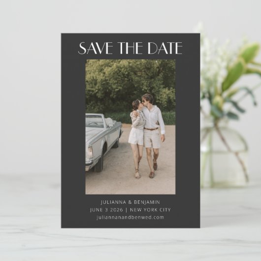 Modernes Retro Art Deco Foto Hochzeit Schwarz Save The Date (Stehend Vorderseite)