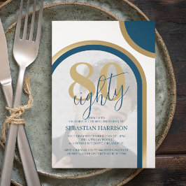 Modernes Retro Blau und Gold Foto Geburtstag Einladung