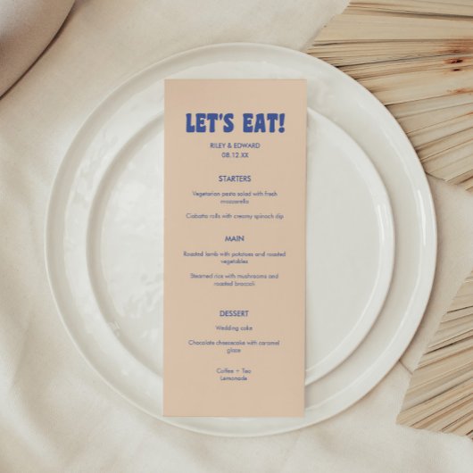 Modernes Retro Blue & Beige 'Let's Eat'! Hochzeit Menükarte