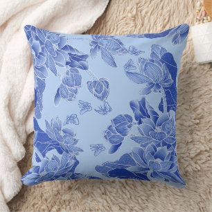 Modernes Retro Blue Chinoiserie Chic Lotus Mandala Kissen