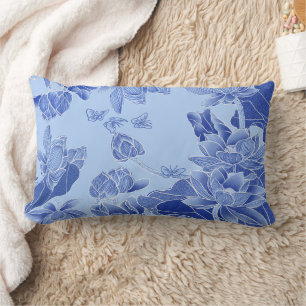 Modernes Retro Chinoiserie Blue Lotus Mandala Lendenkissen