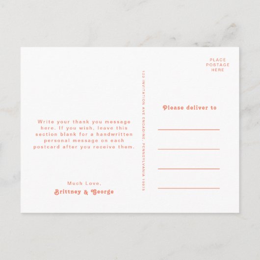 Modernes Retro | Coral Foto Wedding Vielen Dank Postkarte (Rückseite)