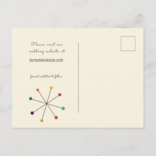 Modernes Retro des Mitteljahrhunderts Save the Dat Ankündigungspostkarte (Rückseite)