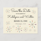 Modernes Retro des Mitteljahrhunderts Save the Dat Ankündigungspostkarte (Vorderseite)