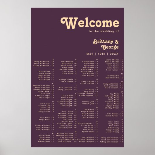 Modernes Retro | Dunkle Lila Alphabetische Sitzplä Poster (Vorne)