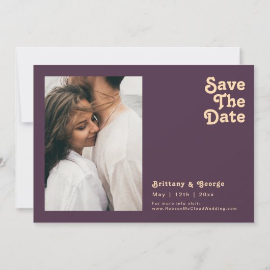 Modernes Retro | Dunkles Lila Foto Horizontal Save The Date (Vorderseite)