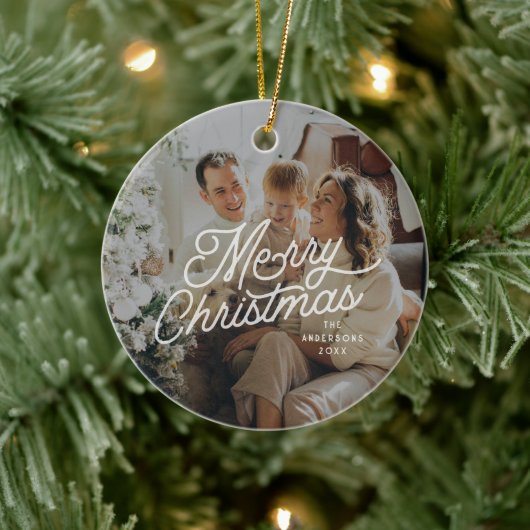Modernes Retro Frohe Weihnachten Foto Bold Script Keramik Ornament (Baum)