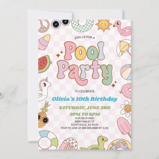 Modernes Retro Groovy Summer Birthday Pool Party Einladung (Vorderseite)