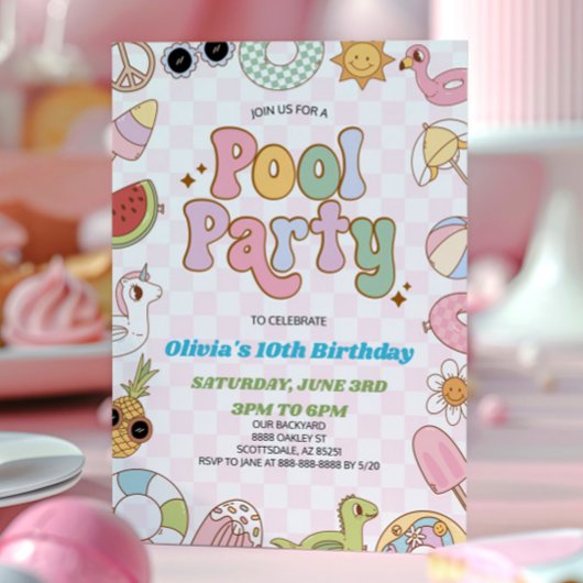 Modernes Retro Groovy Summer Birthday Pool Party Einladung