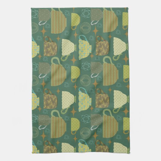 Modernes Retro-grünes Teakup aus dem Mittelalter Geschirrtuch (Vertikal)