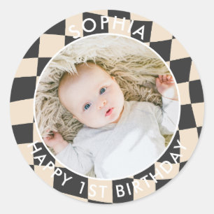 Modernes Retro Happy 1. Geburtstag Foto Karo Runder Aufkleber