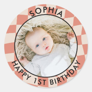 Modernes Retro Happy 1. Geburtstag Foto Karo Runder Aufkleber