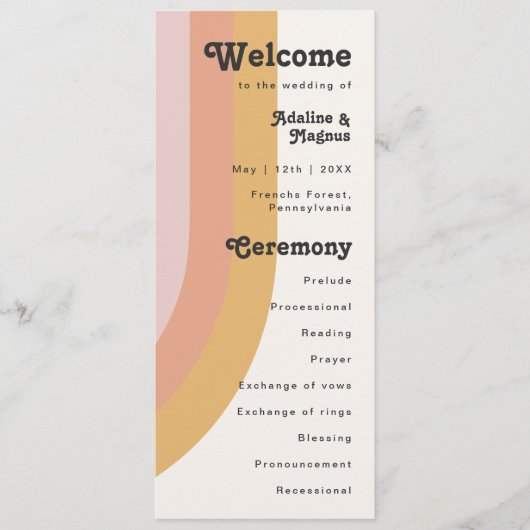 Modernes Retro-Hochzeitsprogramm der 70er Jahre Programm (Vorderseite)