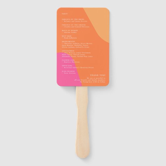 Modernes Retro-Hochzeitsprogramm in rosa Orange Fächer (Rückseite)