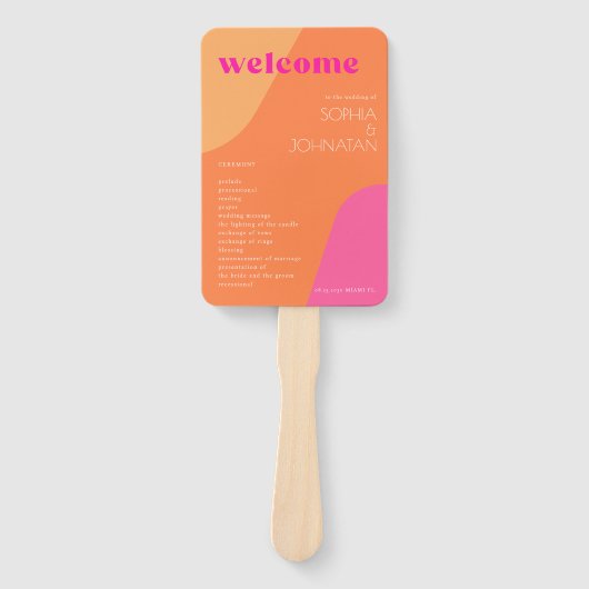 Modernes Retro-Hochzeitsprogramm in rosa Orange Fächer (Vorderseite)