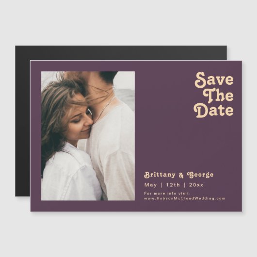Modernes Retro | Lila Horizontal Save the Date Magneteinladung (Vorne/Hinten)
