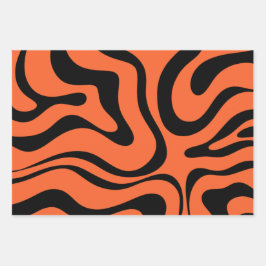 Modernes Retro Liquid Swirl Abstrakt Schwarz Orang Geschenkpapier Set
