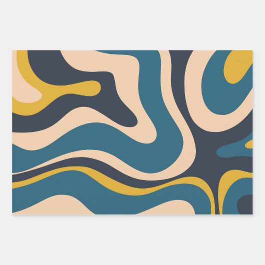Modernes Retro Liquid Swirl Abstraktes Muster Blau Geschenkpapier Set (Vorderseite 2)