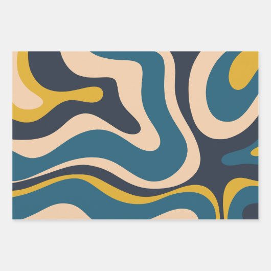 Modernes Retro Liquid Swirl Abstraktes Muster Blau Geschenkpapier Set (Vorderseite)