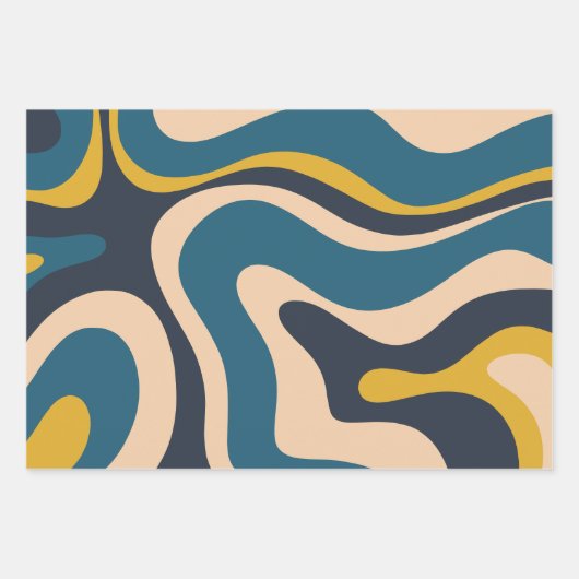 Modernes Retro Liquid Swirl Abstraktes Muster Blau Geschenkpapier Set (Vorderseite 3)