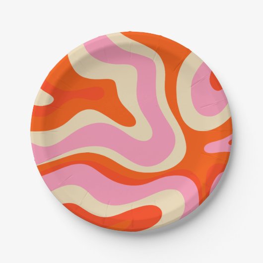 Modernes Retro Liquid Swirl Abstraktes Muster Pink Pappteller (Vorderseite)