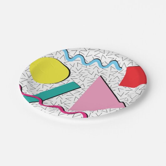 Modernes Retro-Memphis-Muster der 80er Jahre Pappteller (Schrägansicht)