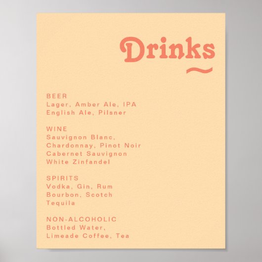 Modernes Retro Orange Cream Wedding Drinks Menü Ze Poster (Vorne)