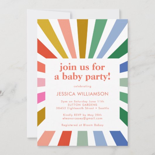 Modernes Retro Rainbow Sternexplosion Kinderdusche Einladung (Vorderseite)