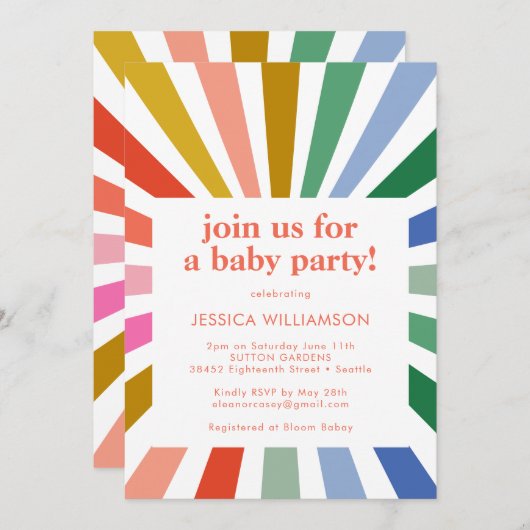 Modernes Retro Rainbow Sternexplosion Kinderdusche Einladung (Vorne/Hinten)