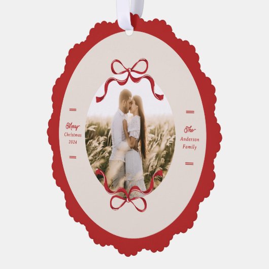 Modernes Retro Red Bows Trendsetter Weihnachtsfest Ornament Karte (Links)