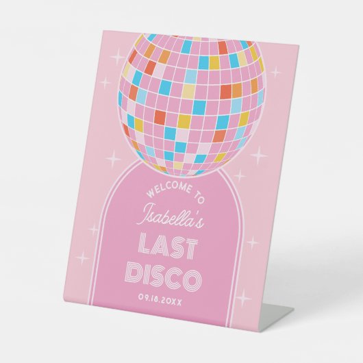 Modernes Retro Rosa Disco Ball Bacheloretto Herzli Sockelschild (Vorderseite)