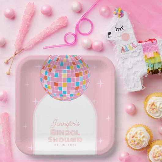 Modernes Retro Rosa Diskothek Ball 70er 80er Braut Pappteller (Party)