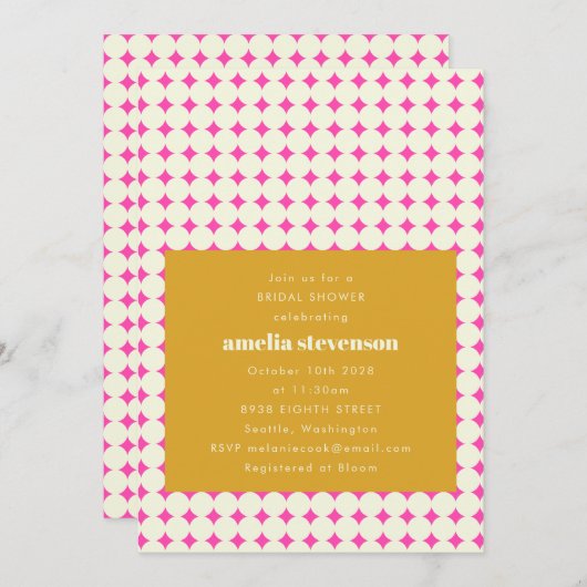 Modernes Retro-Rosa-Gelb-Punkte-Brautparty Einladung (Vorne/Hinten)
