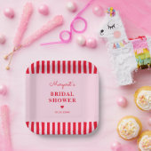 Modernes Retro-Rosa- und Rote Streifen-Brautparty Pappteller (Party)