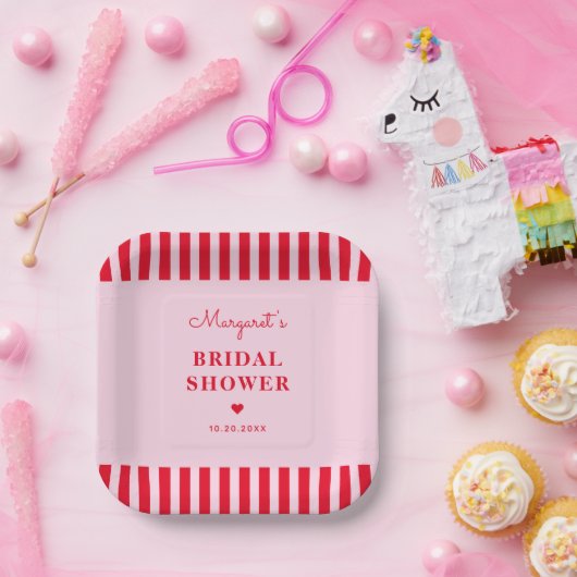 Modernes Retro-Rosa- und Rote Streifen-Brautparty Pappteller (Party)