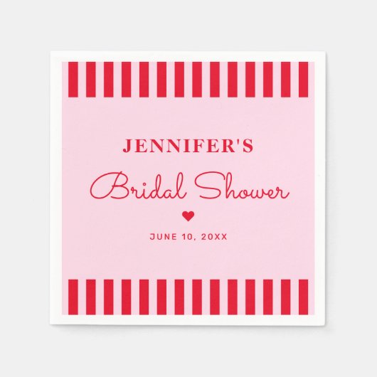 Modernes Retro-Rosa- und Rote Streifen-Brautparty Serviette (Vorderseite)