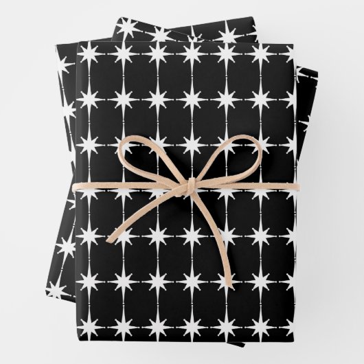 Modernes Retro Star Muster Schwarz & Weiß des Mitt Geschenkpapier Set (Beispiel)