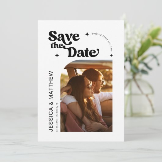 Modernes Retro Typografy Arch Foto Save the Date (Stehend Vorderseite)