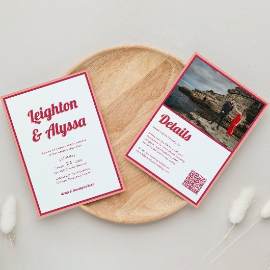 Modernes Retro Viva Magenta QR Foto Hochzeit Einladung