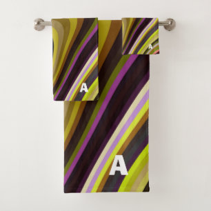 Modernes Retro Wave Monogram grün Lila braun Badhandtuch Set