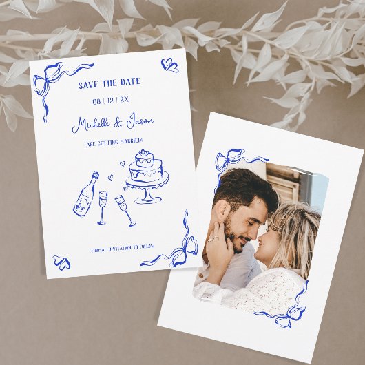 Modernes Retro Whimsical Blue Hand Draw Foto Einladung