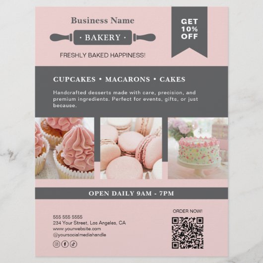 Modernes Rolling Button Pink Gray Bäckerei Busines Flyer (Vorne)
