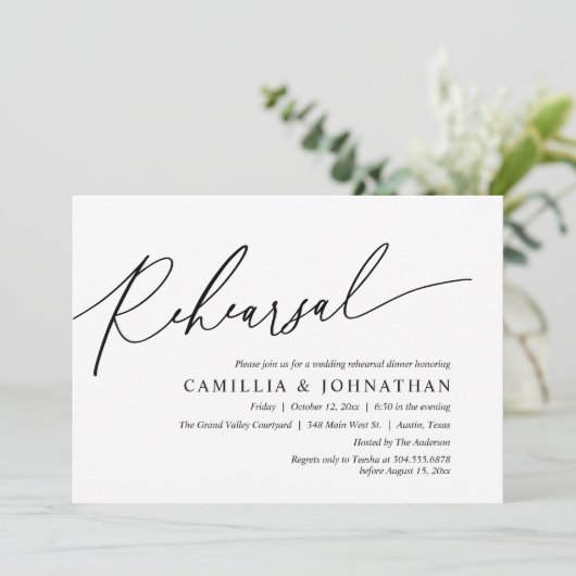 Modernes romantisches Hochzeitsessen Probe Einladung (Stehend Vorderseite)