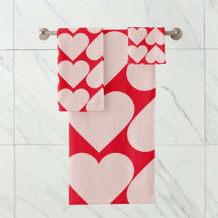 Modernes Romantisches rotes und rosa Herzmuster Badhandtuch Set