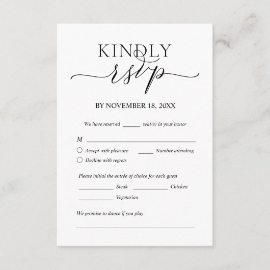 Modernes romantisches, schwarzes, Hochzeitessen-UA Begleitkarte (Vorderseite)