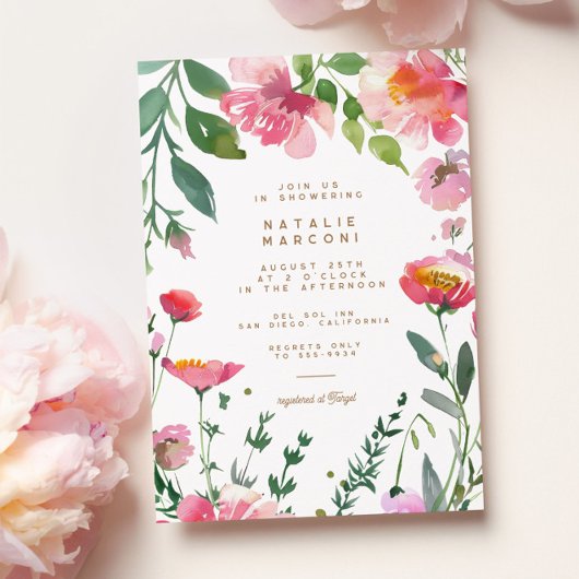 Modernes Rosa Blume Gold Garden Brautparty Einladung