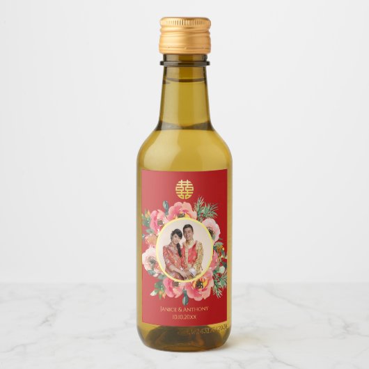 Modernes rosa Blumenkreide chinesisches Hochzeitsf Weinetikett (Vorderseite)