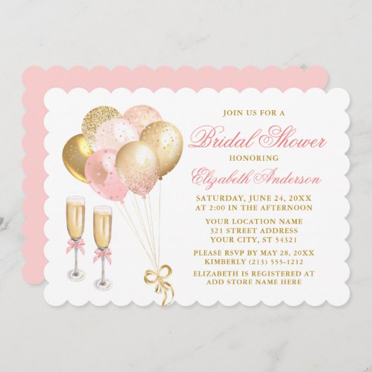 Modernes Rosa Blush Gold Balloons Brautparty Einladung (Vorne/Hinten)